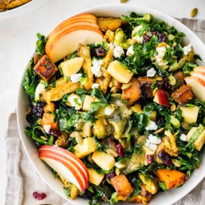 A serving of a roasted harvest bowl with sliced apple, roasted sweet potato, feta cheese, fresh greens, seeds, and fresh herbs.