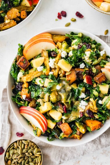 A serving of a roasted harvest bowl with sliced apple, roasted sweet potato, feta cheese, fresh greens, seeds, and fresh herbs.