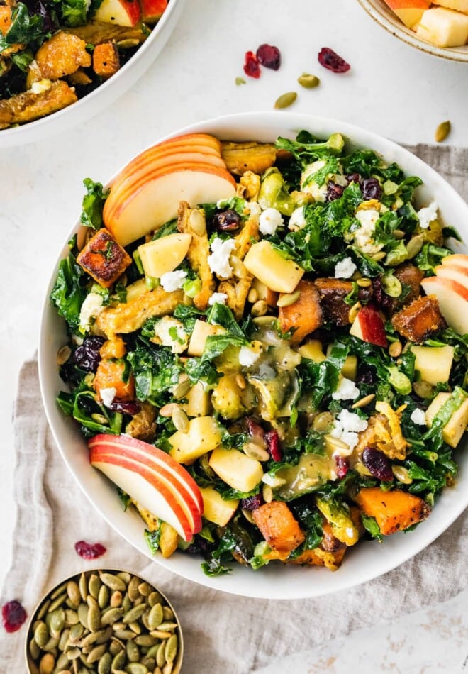 A serving of a roasted harvest bowl with sliced apple, roasted sweet potato, feta cheese, fresh greens, seeds, and fresh herbs.