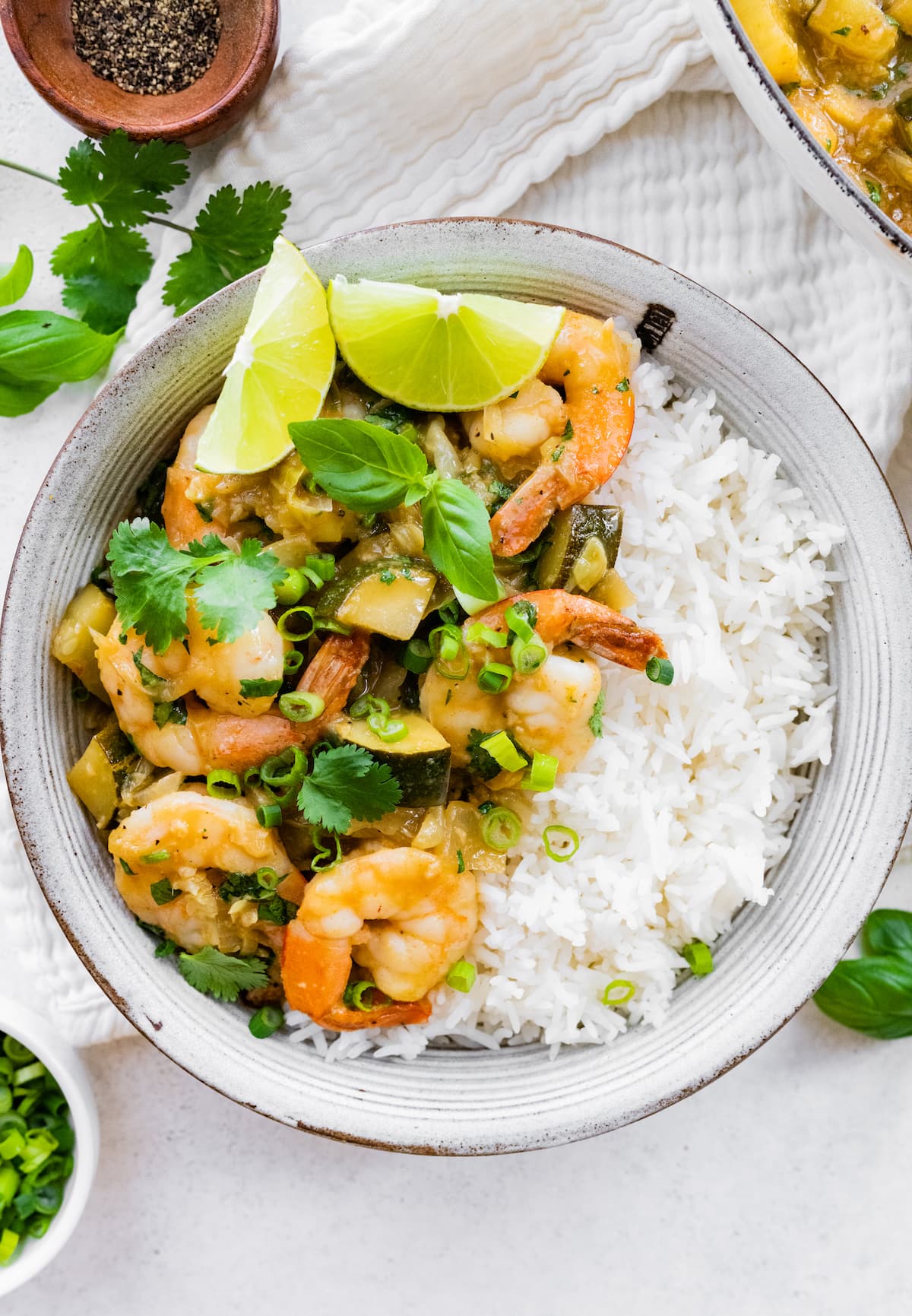 Thai Green Curry with Shrimp -- healthy, quick and perfect for weeknights! A bowl of thai green curry with shrimp and rice.