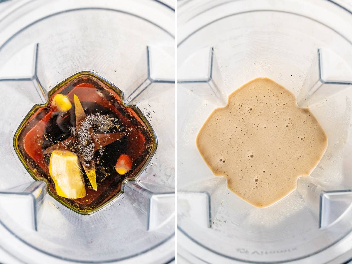 Side by side collage of a blender with the ingredients to make a sesame ginger dressing, before and after being blended smooth.