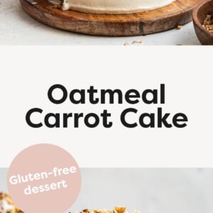 Slice of carrot cake being lifting from the cake. Photo below: A slice of a 3-layer oatmeal carrot cake standing up vertical on a white plate.