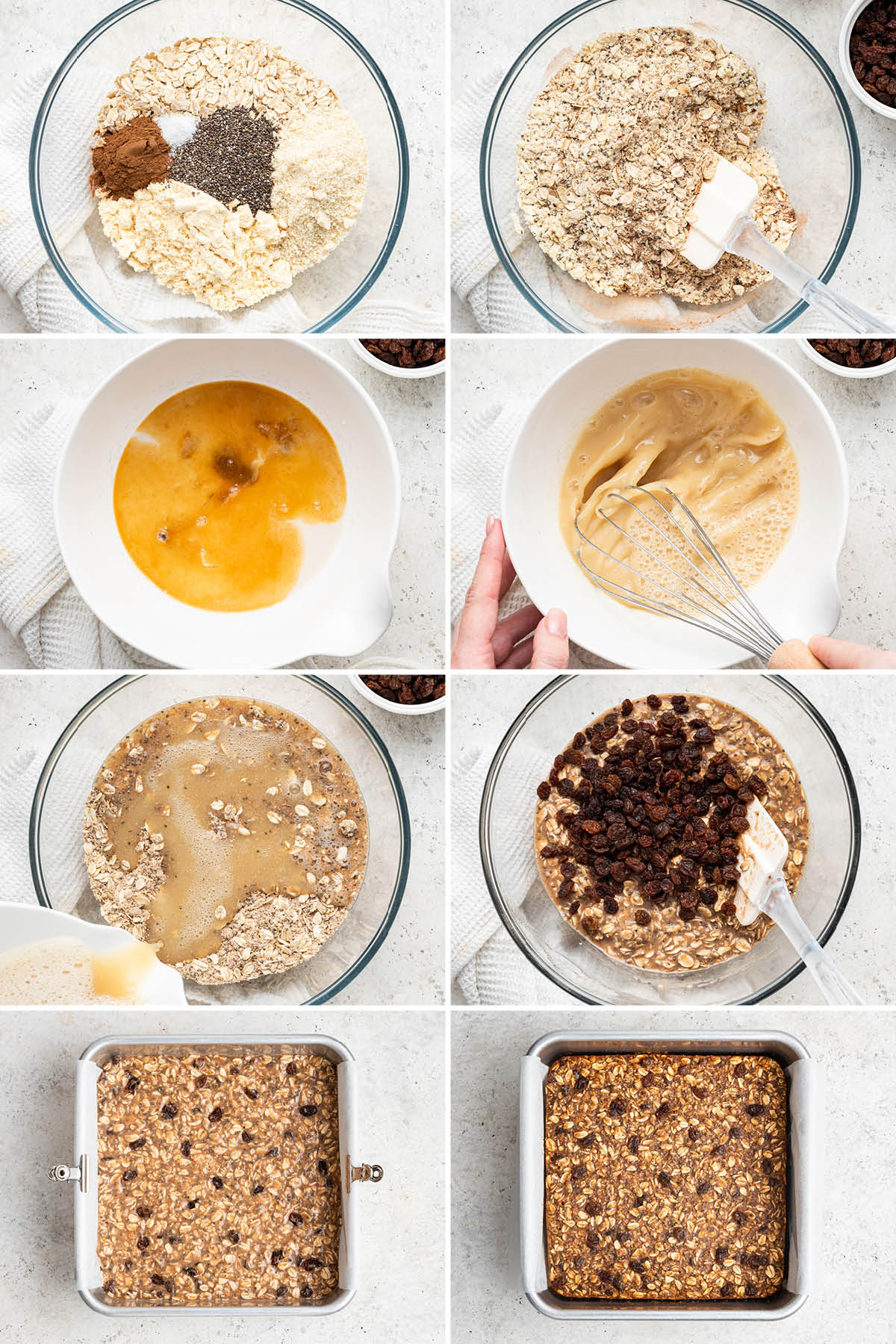Collage of 8 photos showing the steps to make Oatmeal Raisin Protein Bars: mixing the batter and then baking in a pan.