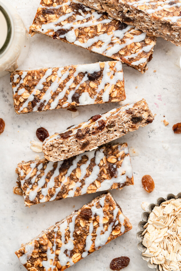 Mixing up the Oatmeal Raisin Protein Bars Overhead photo of oatmeal raisin protein bars, one turned on its side.