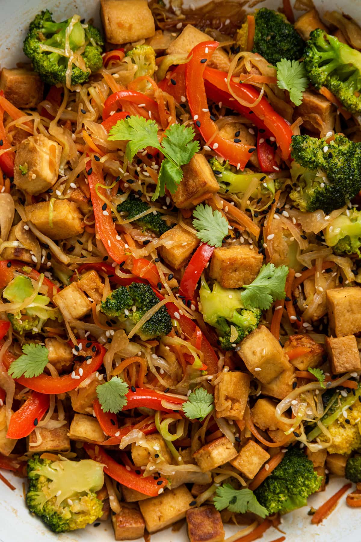 Tofu Veggie Noodle Bowl with Cabbage Noodles Close up of tofu cabbage noodle bowl in a skillet.