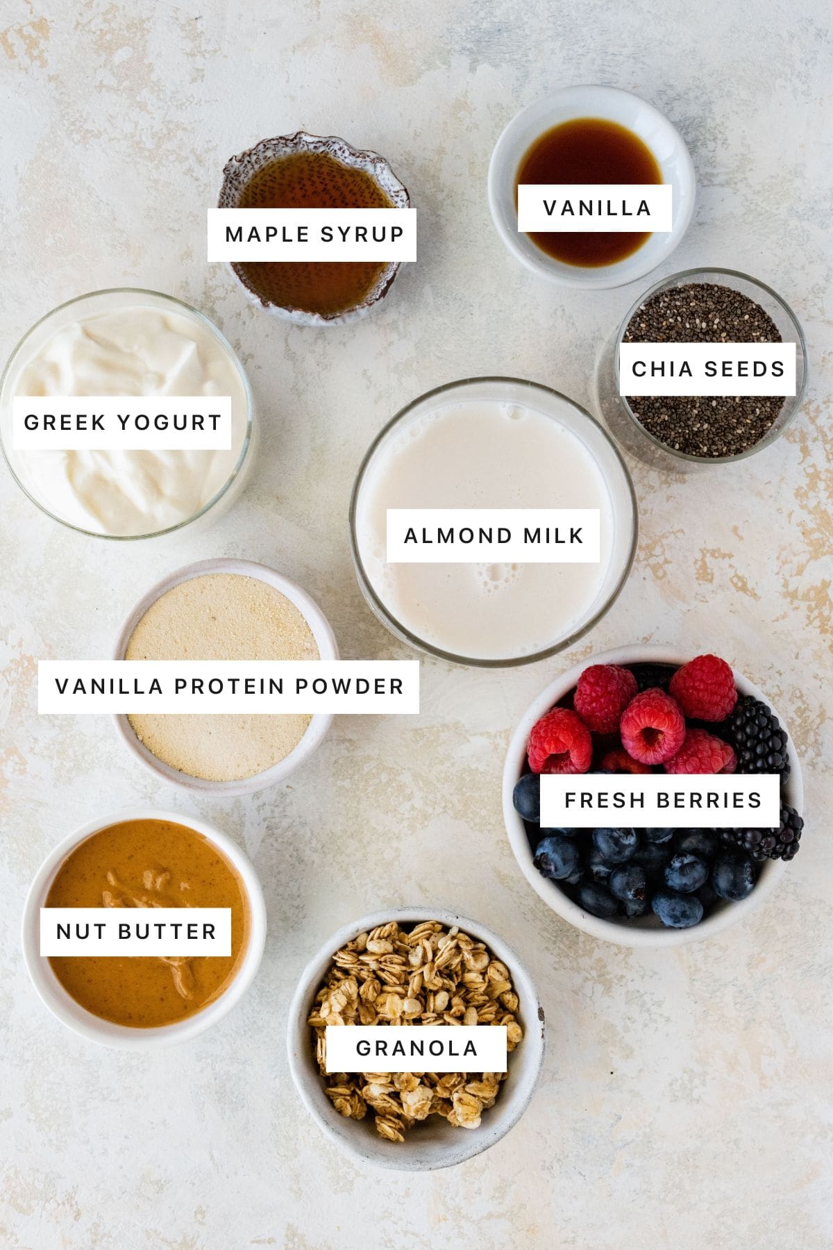 overhead photo of Protein Chia Pudding ingredients