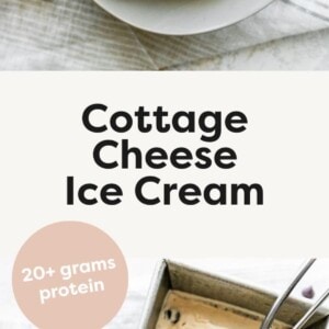 Scoops of cottage cheese ice cream in a bowl served with a spoon and cottage cheese ice cream in a loaf pan with ice cream scoop.