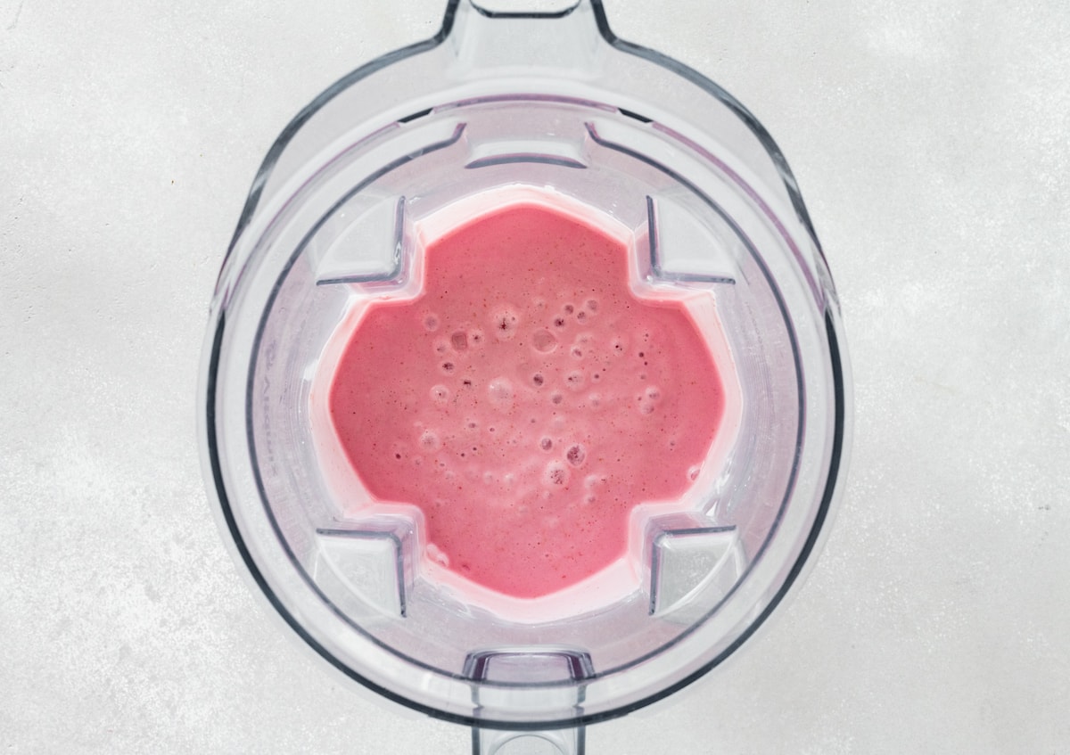 Cottage cheese smoothie blended up in a Vitamix blender.