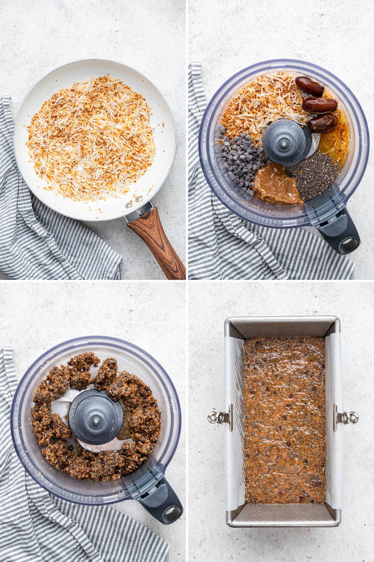 Collage of four photos showing how to make Coconut Chia Bars: blending ingredients and then adding to a loaf pan to set.