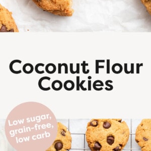 Coconut Flour Cookies with a bite taken out of one, and some cookies on a wire rack.