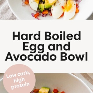 Chopped hard boiled eggs, peppers, onion and avocado in a bowl.