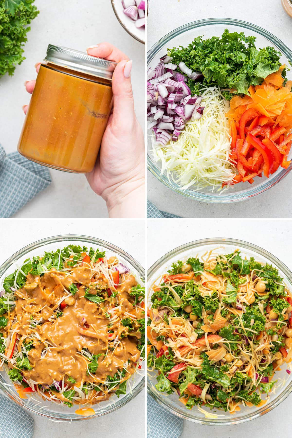 Collage of four photos showing the steps to make Kale & Cabbage Pad Thai Salad: making a peanut dressing, adding veggies to a bowl, pouring on the dressing and then tossing.