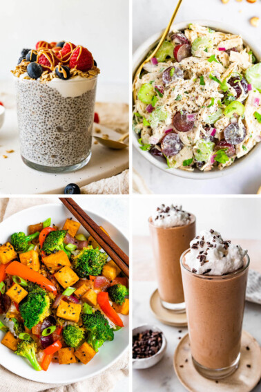 Collage of four photos: protein chia pudding, chicken salad, tofu stir fry and a chocolate protein shake.