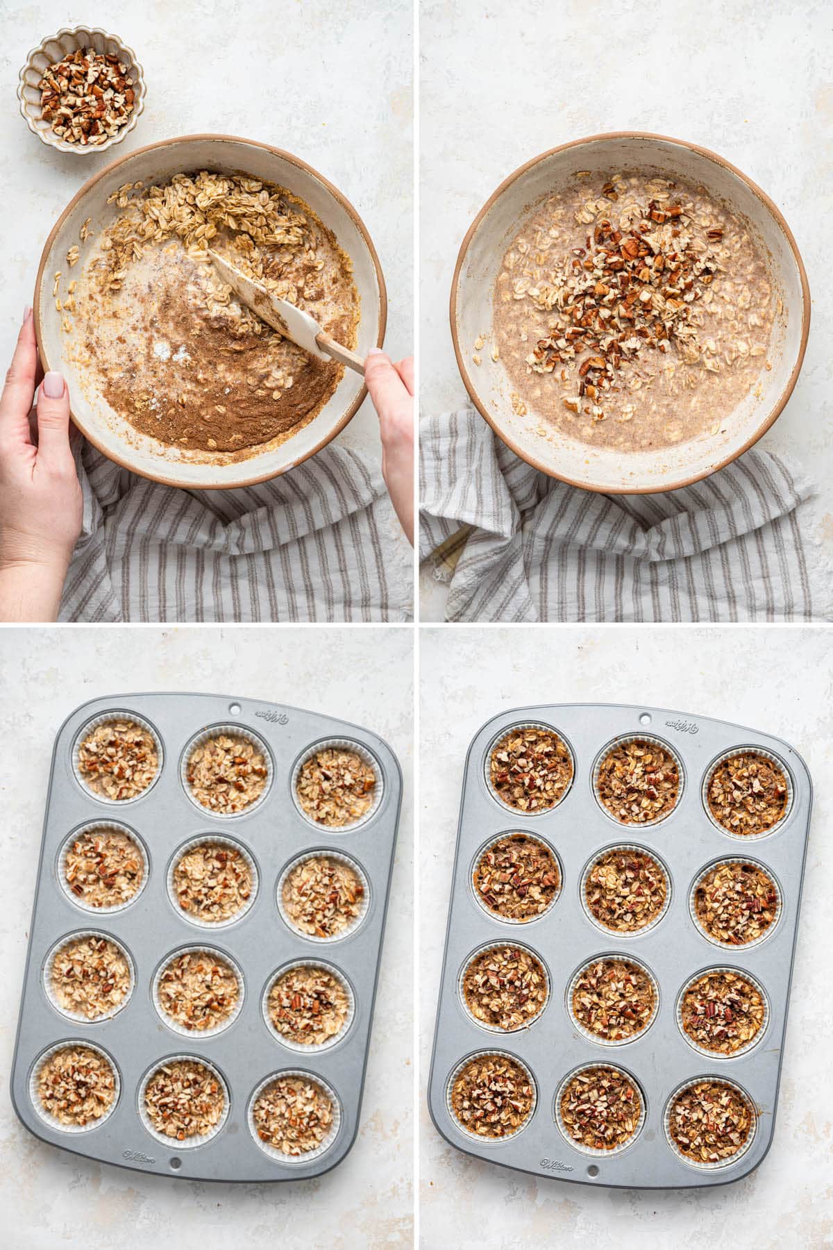 HEALTHY Baked Chai Oatmeal Cups. You’ll love how easy they are to make and the cozy chai flavor. Collage of four photos showing how to make Chai Baked Oatmeal Cups: mixing the oatmeal batter and then baking in a muffin tin.