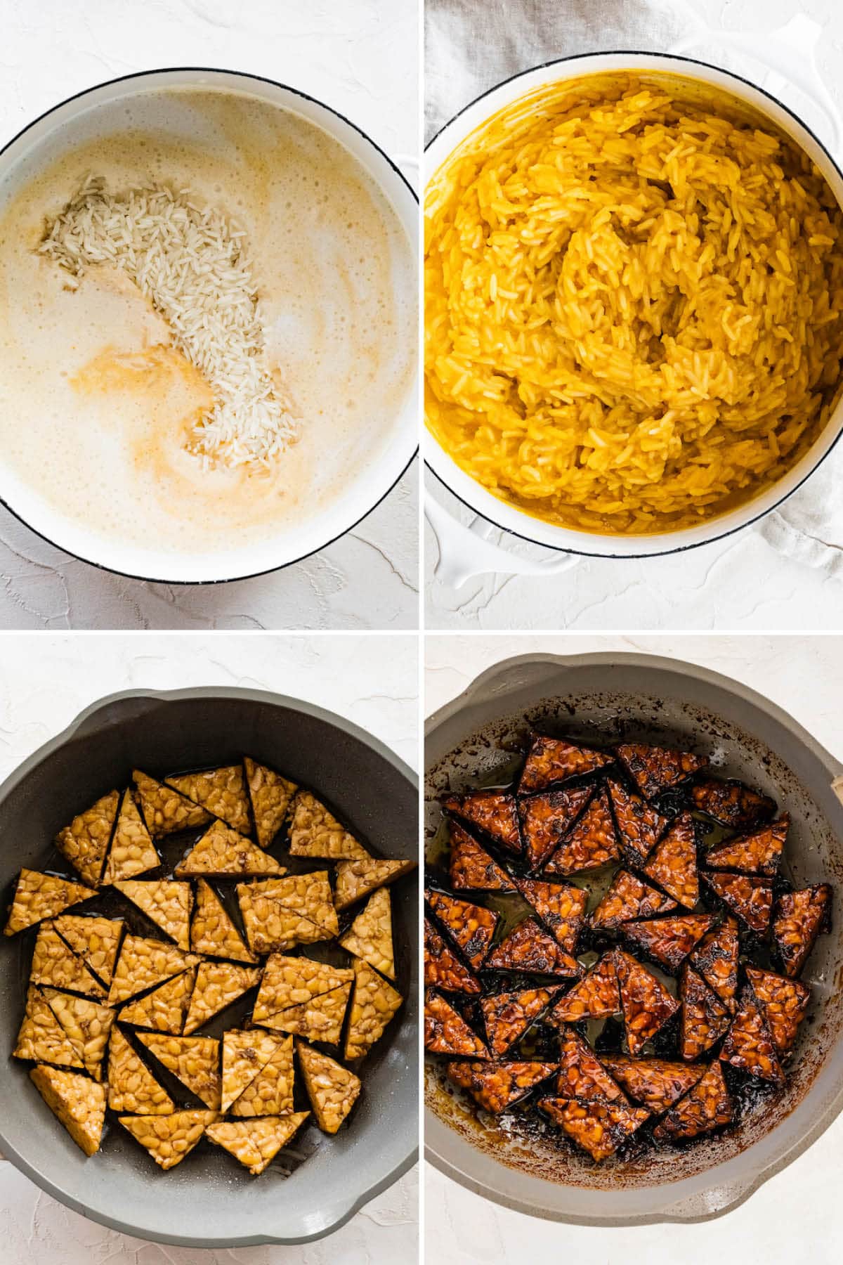 Collage of four photos showing pumpkin rice being made in a pot, and maple balsamic tempeh being cooked in a pan.