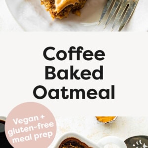 Slice of coffee baked oatmeal on a plate being drizzled with peanut butter. Photo below is of the coffee baked oatmeal in a pan.