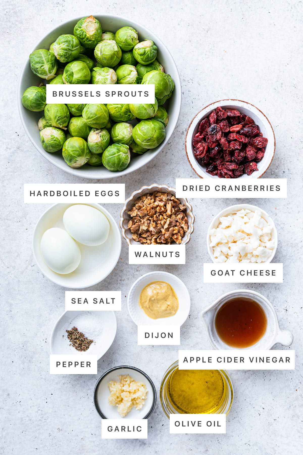 Ingredients measured out to make Brussels Sprout Chopped Salad: brussels sprouts, dried cranberries, hardboiled eggs, walnuts, goat cheese, sea salt, pepper, dijon, vinegar, garlic and olive oil.