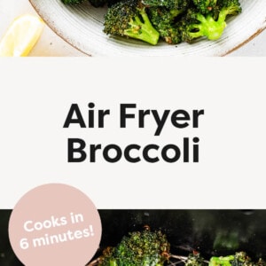 Bowl of Air Fryer Broccoli and photo of the broccoli in the air fryer basket.