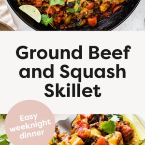 Skillet with ground beef and squash meal topped with melted cheese. Photo below is of the beef and veggies served with rice.