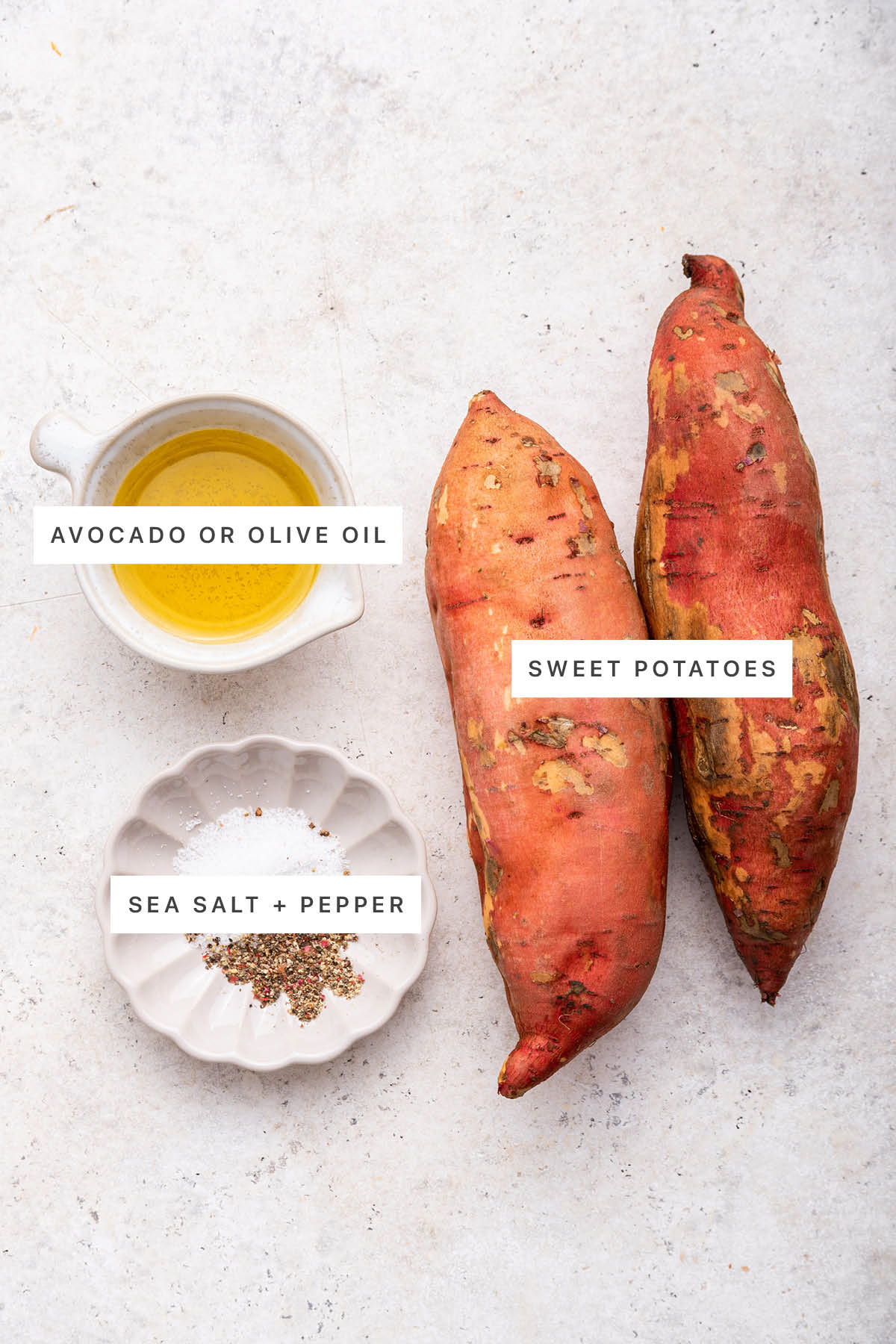 Ingredients measured out to make Roasted Sweet Potatoes: oil, salt, pepper and sweet potatoes.