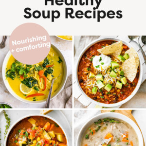 Collage of four soup photos: detox soup, taco soup, vegetable soup and chicken wild rice soup.