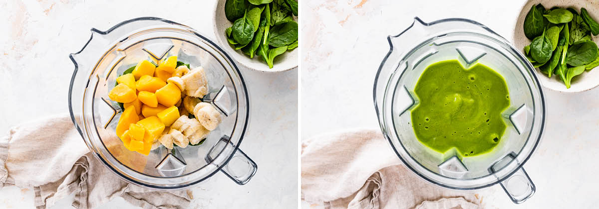 Side by side photos of ingredients in a blender, before and after being blended into a green smoothie.