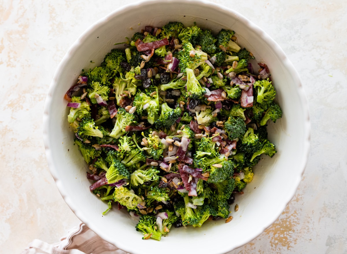 A large bowl of broccoli salad.