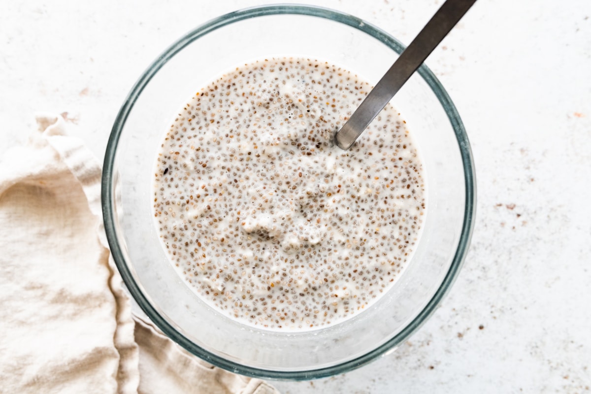 Coconut chia pudding in a large glass bowl.
