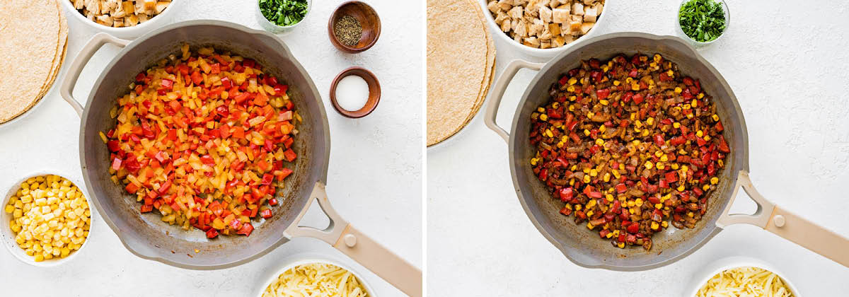 Photo of peppers and onions cooked in a pan, photo next to it is of beans and corn added to the veggies.