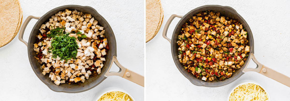 Side by side photos of a skillet with chicken, cilantro and veggies in a skillet being mixed together.