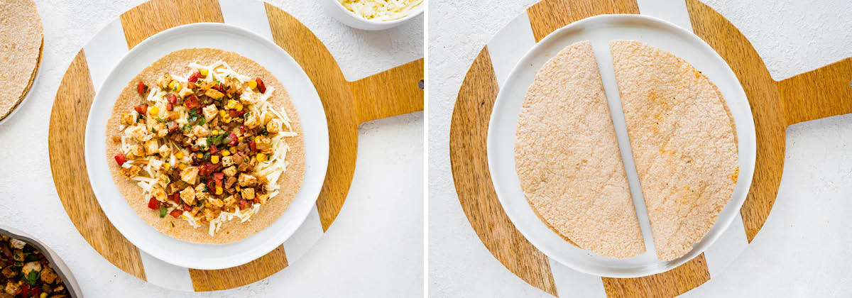 Photo of cheese, chicken and veggies topped on a tortilla. Photo of two folded tortillas on a plate.