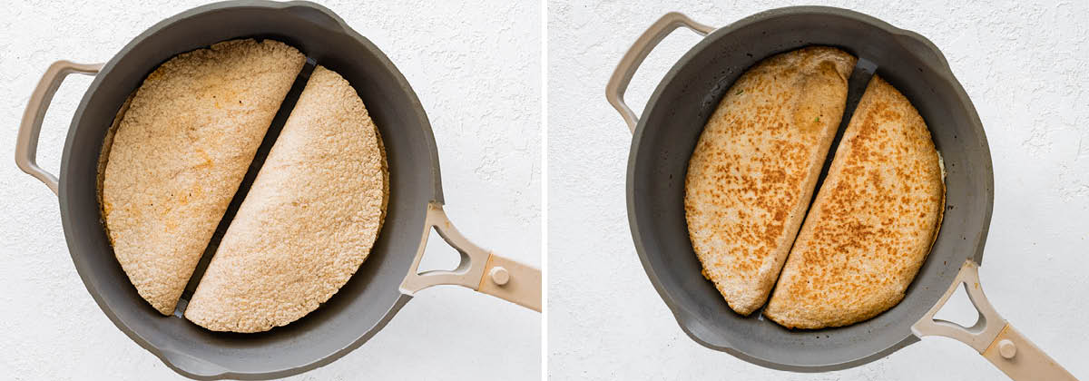 Two photos showing two Healthy Chicken Quesadillas being browned in a skillet.