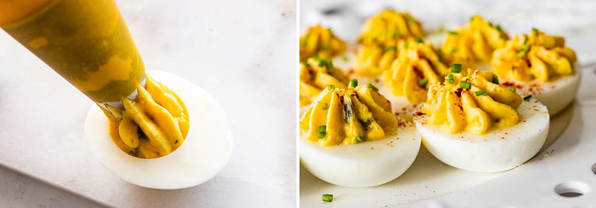 Photo of half of a hard boiled egg being piped with filling for deviled eggs. Photo of deviled eggs on a plate.
