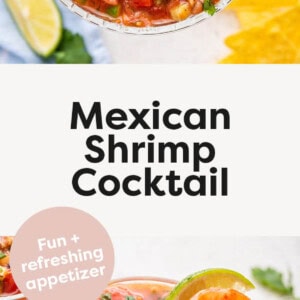 Two photos showing Mexican Shrimp Cocktail served in a glass.