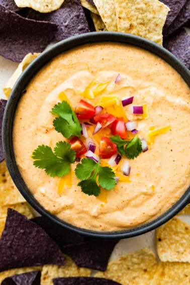 Cottage cheese queso served in a small bowl garnished with fresh cilantro, diced tomato, and red onion.