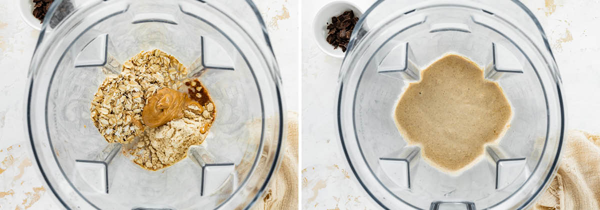 Side by side photos of oats in a blender to make baked oats, before and after being blended.