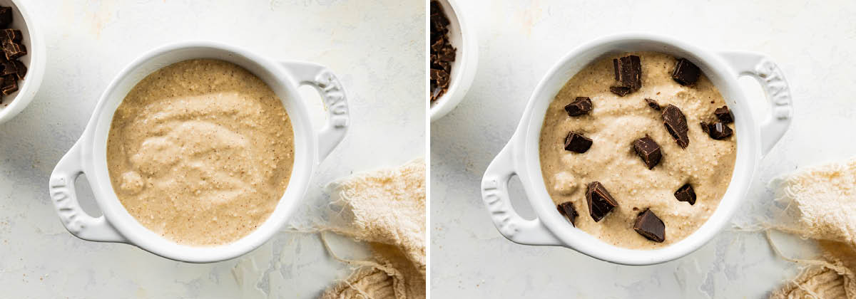 Blended baked oats mixture in a ramekin, and a photo of chopped chocolate on the top.