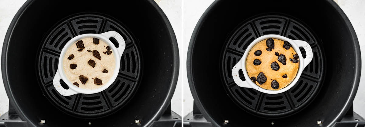 Side by side photos of blended baked oats in a ramekin in an air fryer basket, before and after being baked.