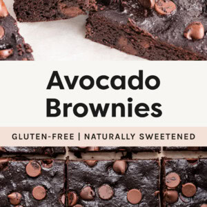 Photo of two Avocado Brownies stacked, one has a bite taken from it. Photo below is of Avocado Brownies lined up with an avocado in the corner.