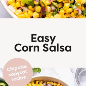 Photo of a bowl of Easy Corn Salsa with some tortilla chips. A bowl of corn salsa in another photo.