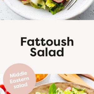 Two photos showing Fattoush Salad served on a plate and in a big serving bowl.