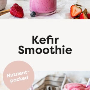 Photo of a blender pouring Kefir Smoothie into a glass. Second photo of two glasses of Kefir Smoothies.