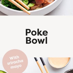 Two photos of Poke Bowls with sushi, sriracha mayo, avocado, mango, green onions, seaweed salad and sesame seeds.