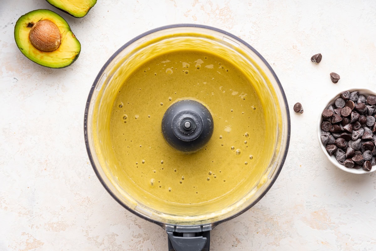 Avocado, eggs, maple syrup and vanilla blended in a food processor.