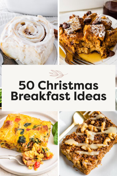 Collage of four photos of different breakfast items plated: cinnamon roll, slice of pumpkin french toast casserole, egg casserole and gingerbread baked oatmeal.