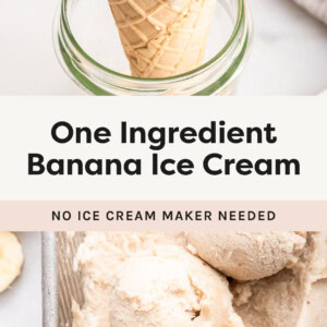 Photo of a cone of banana ice cream, and a photo of an ice cream scooper with banana ice cream.