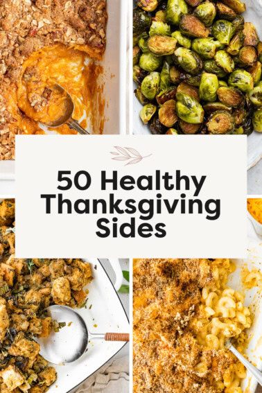 Collage of four photos: sweet potato casserole, roasted brussels sprouts, stuffing and baked mac and cheese.