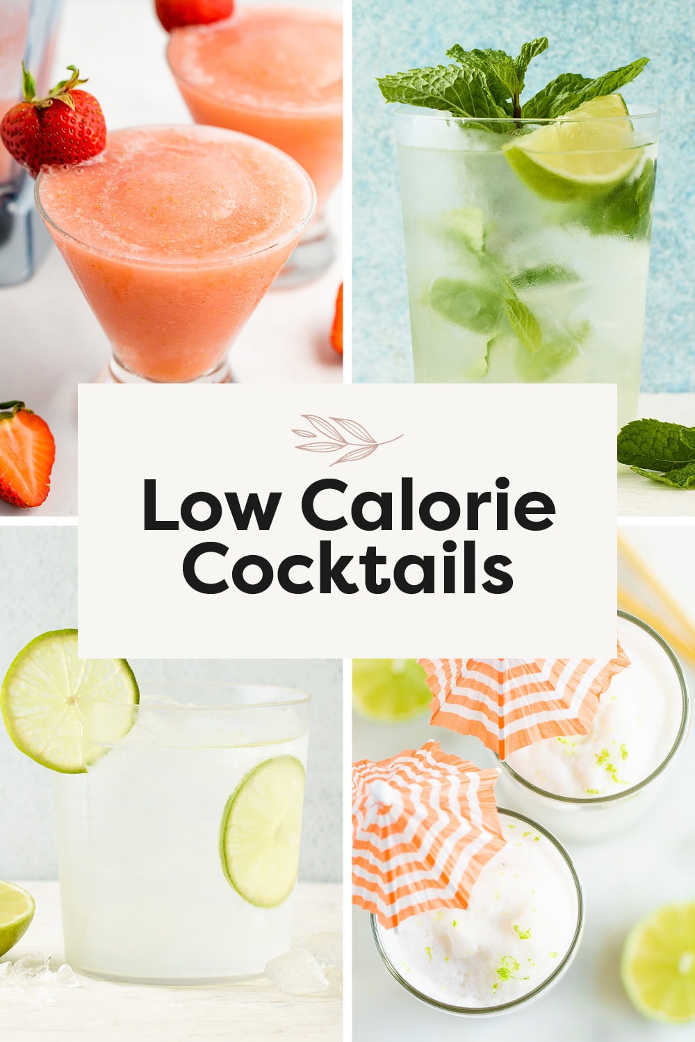 Collage of cocktail photos: strawberry frose, a mojito, a vodka soda and two coconut daiquiris.
