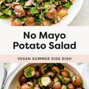 Two photos of No Mayo Potato Salad with spinach and a shallot vinaigrette in a bowl.
