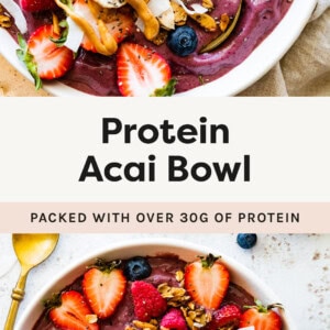 Two photos of a Protein Acai Bowl topped with fruit, coconut , granola and nut butter.